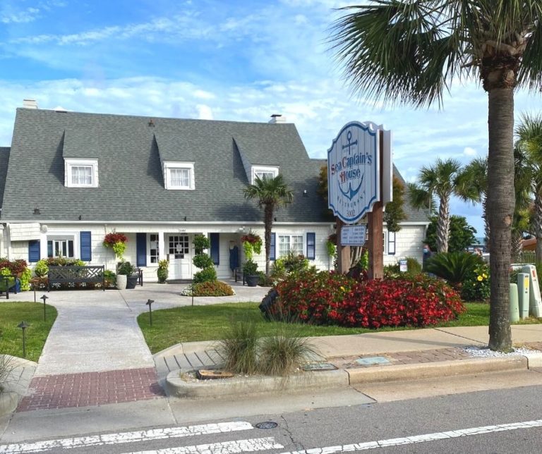 Front entrance and sign of Sea Captains House restaurant