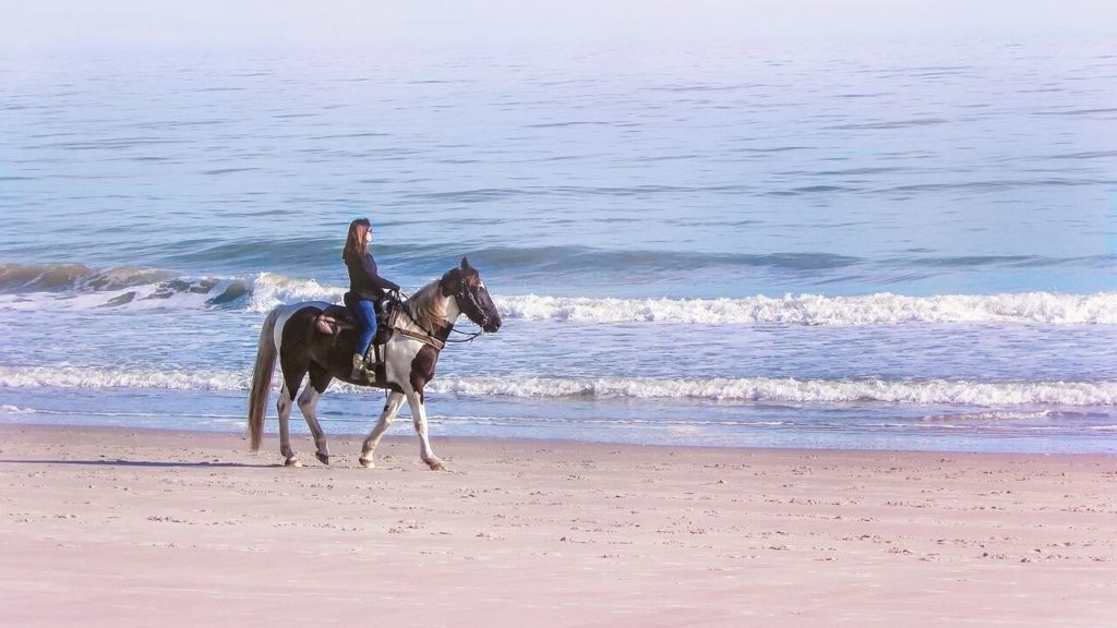 Women riding a horse on the beach