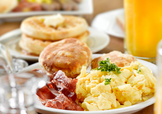 Breakfast eggs, bacon, on a plate