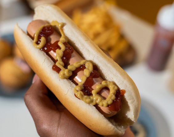 hot dog with ketchup and mustard