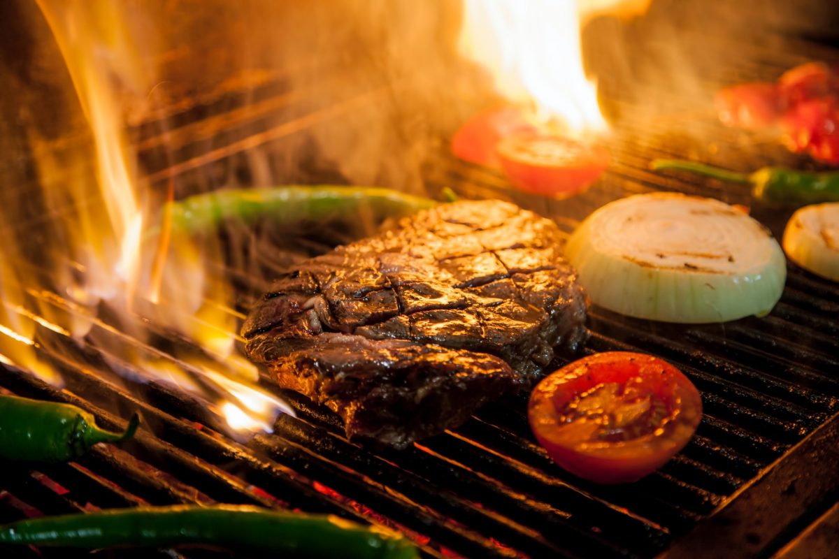 Steak and veggies on grill